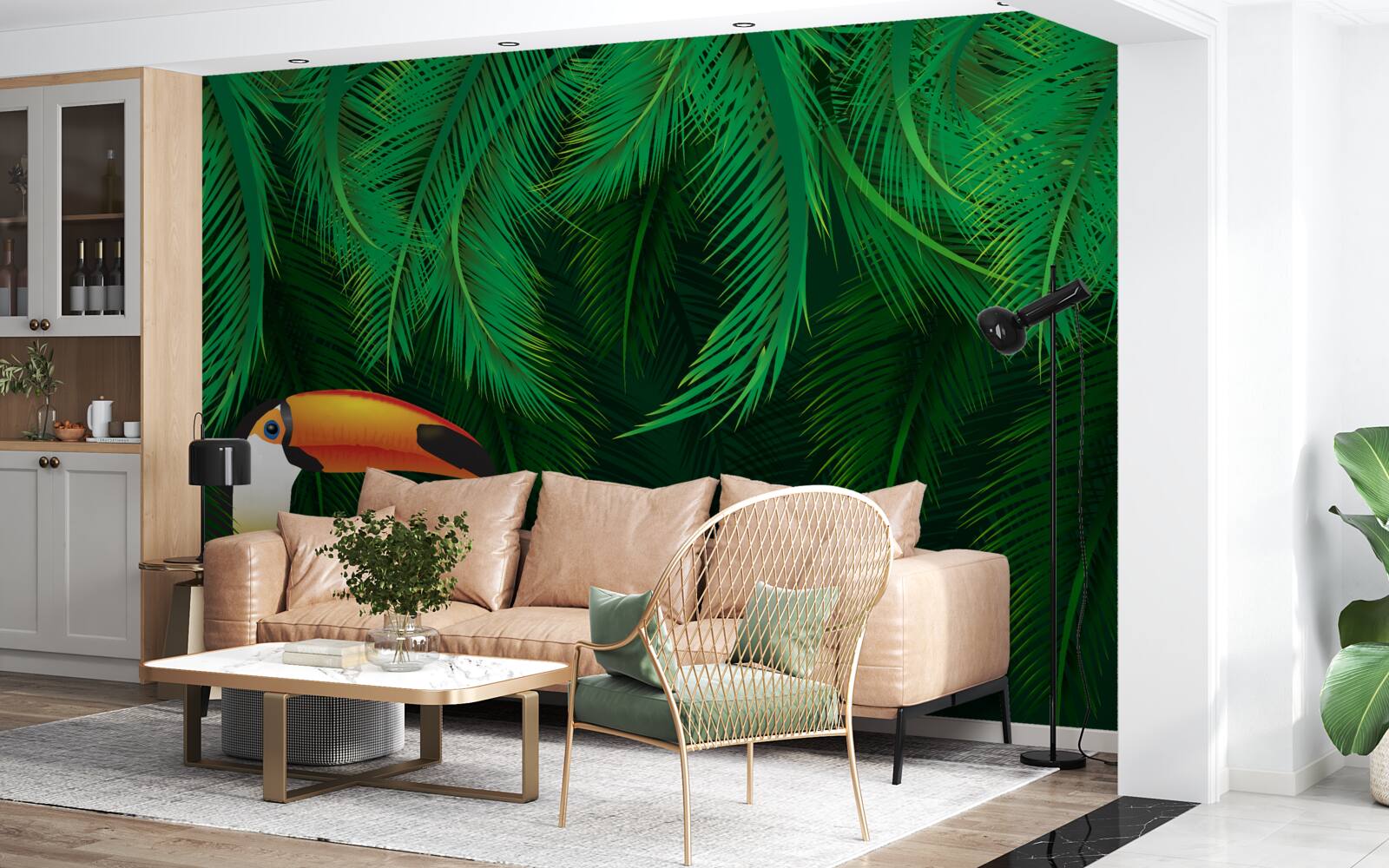 Fototapet tucan printre verdeață tropicală