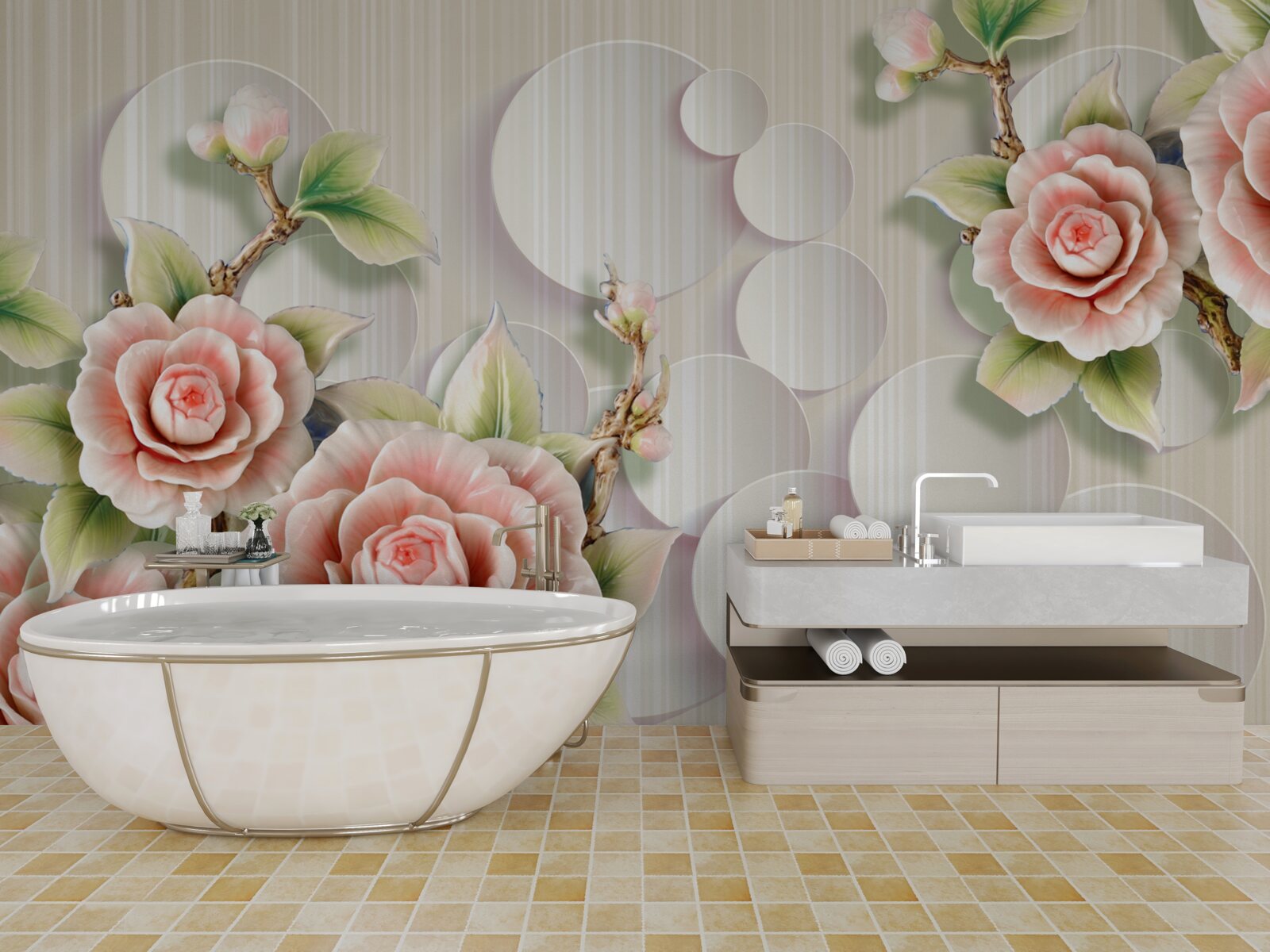 Fototapet fundal luminos decorat cu un trandafir delicat de culoarea ceaiului