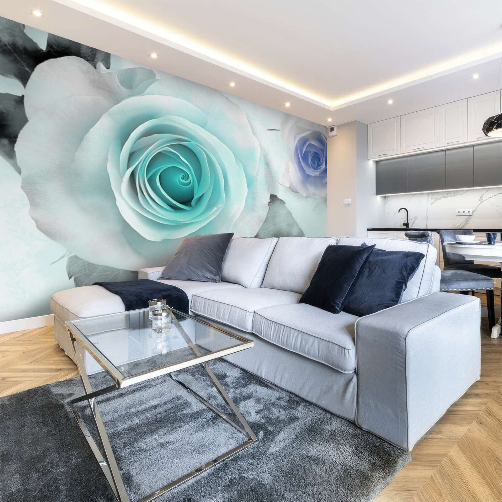 Fototapet trandafiri în nuanțe de albastru și verde