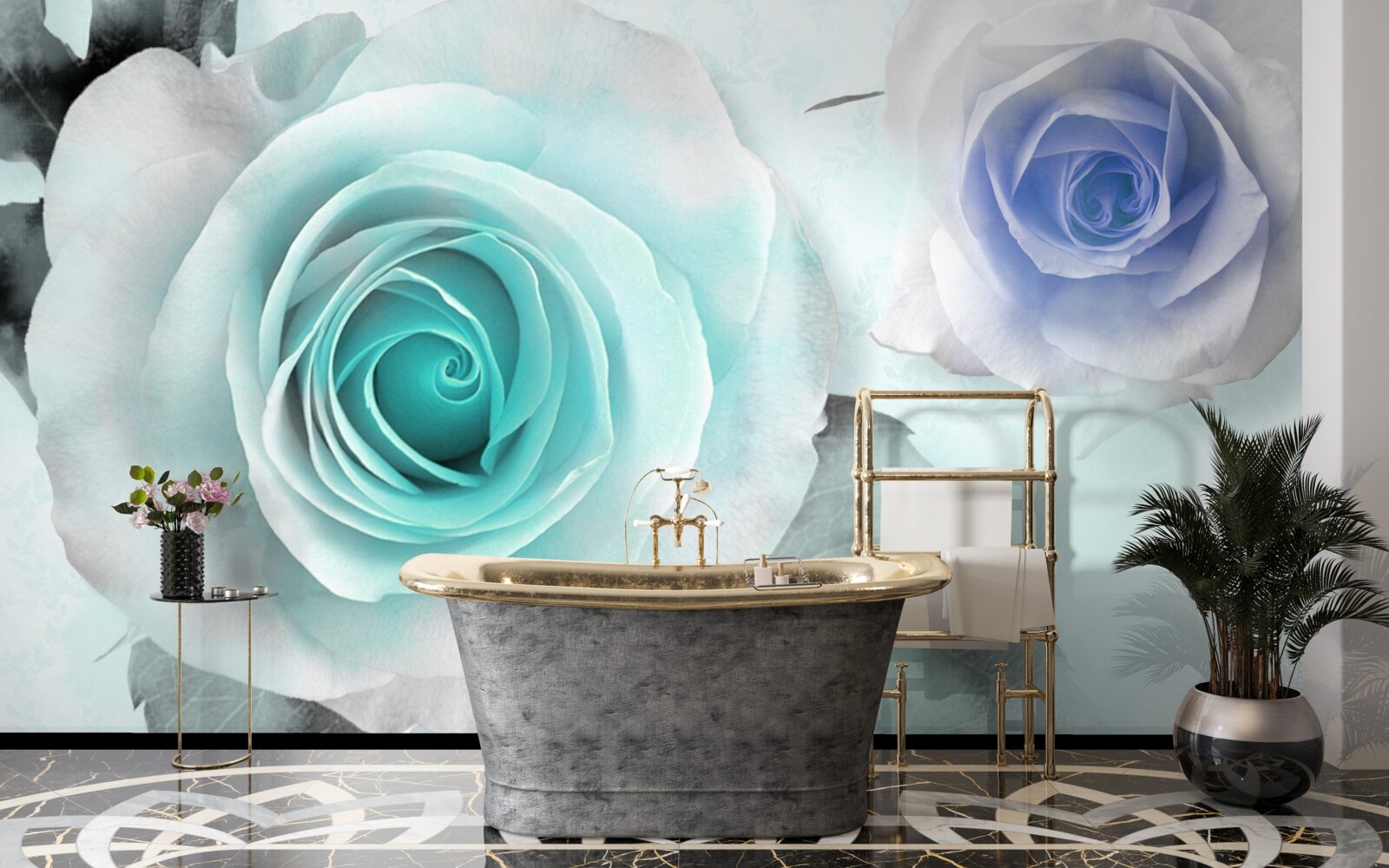 Fototapet trandafiri în nuanțe de albastru și verde