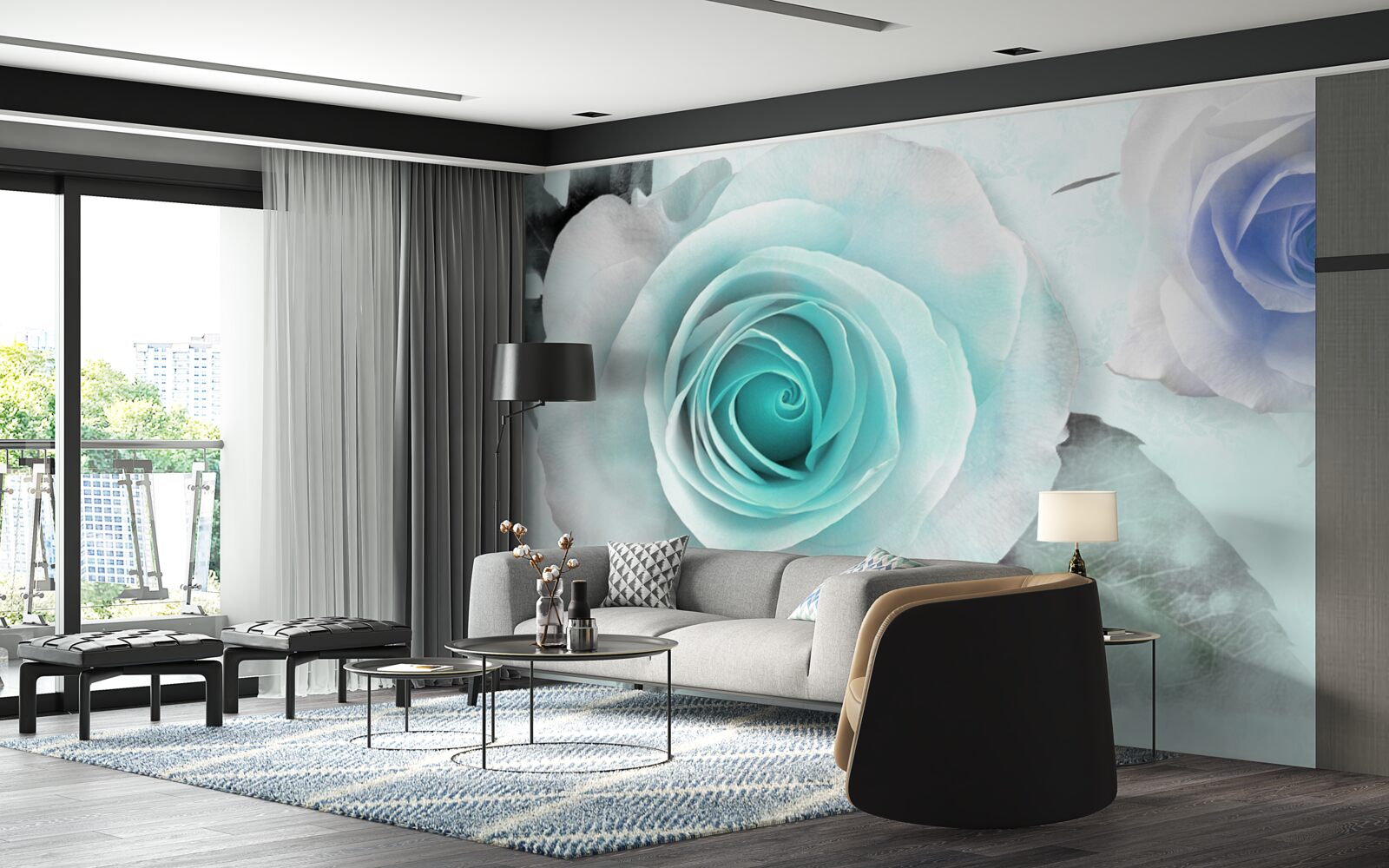 Fototapet trandafiri în nuanțe de albastru și verde