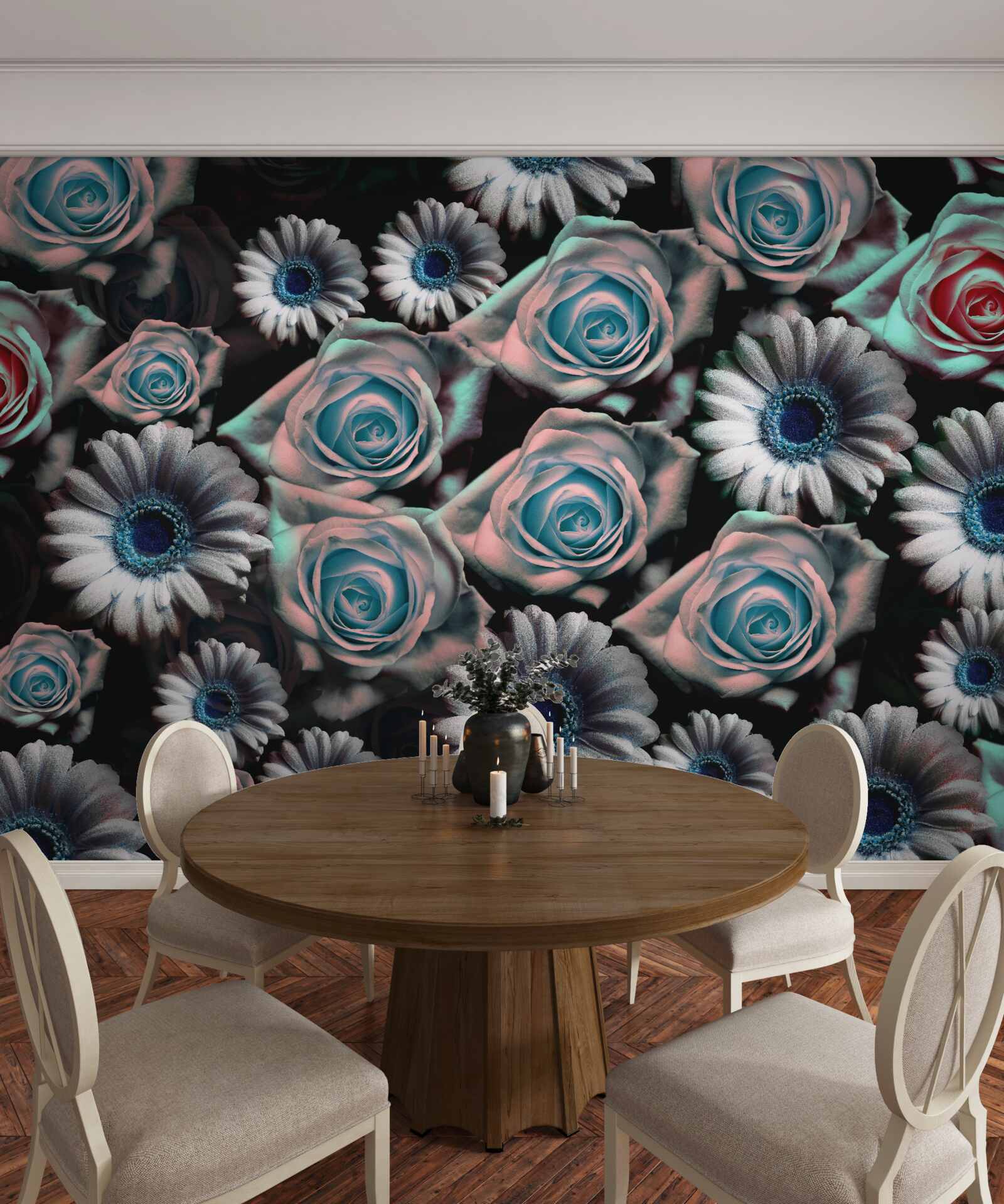 Fototapet gerbera și trandafiri pe un fundal negru