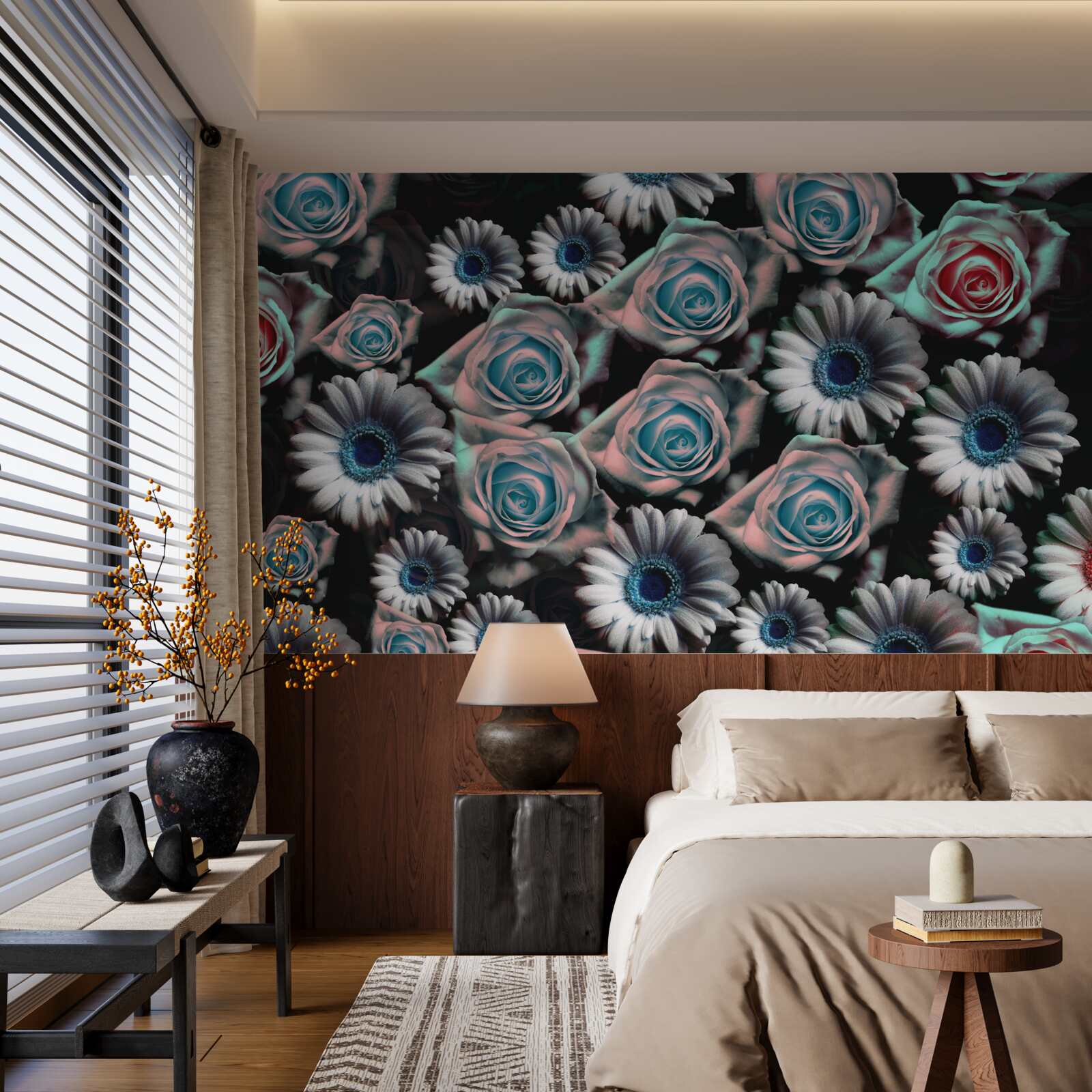 Fototapet gerbera și trandafiri pe un fundal negru