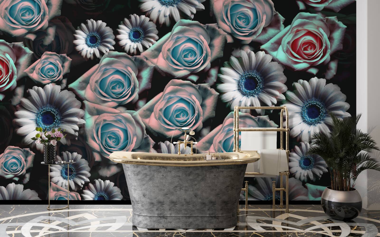 Fototapet gerbera și trandafiri pe un fundal negru