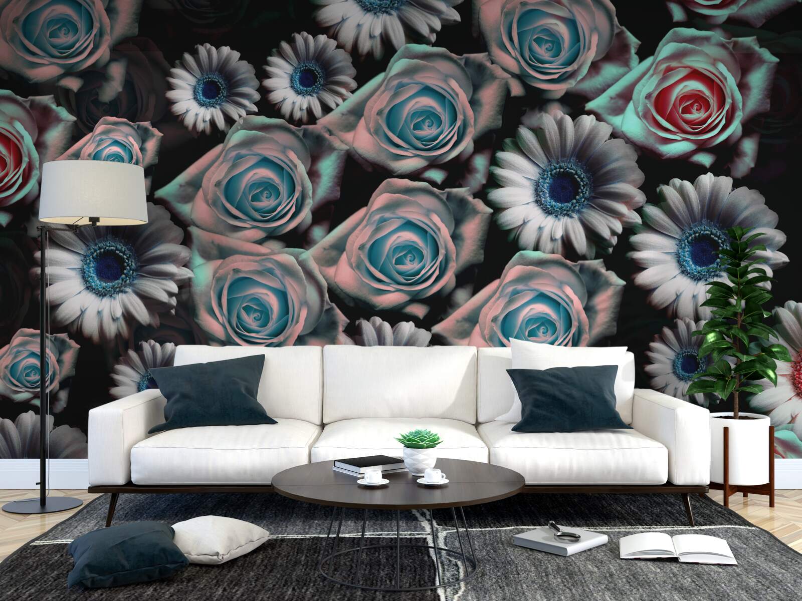 Fototapet gerbera și trandafiri pe un fundal negru