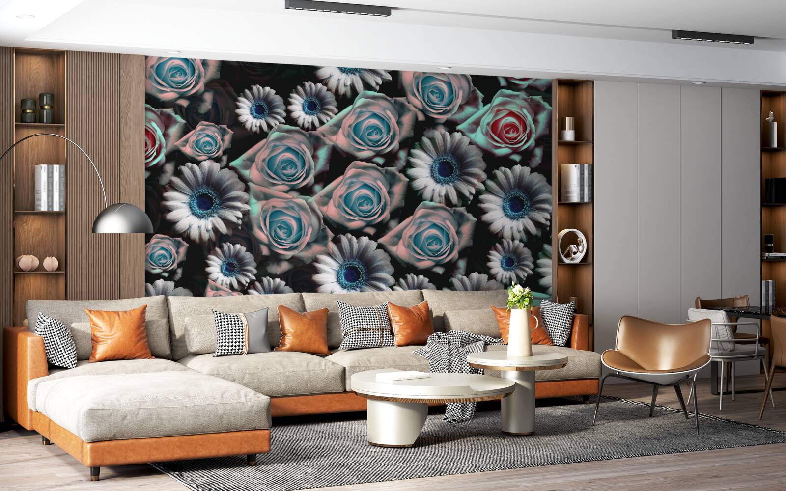 Fototapet gerbera și trandafiri pe un fundal negru