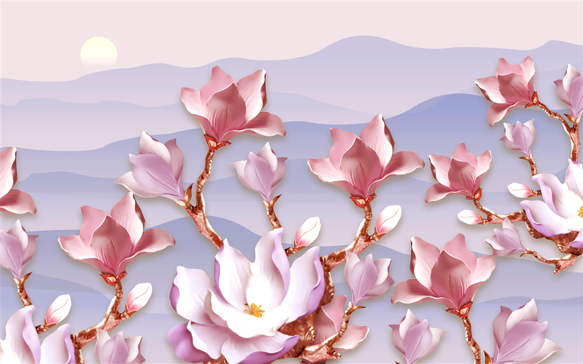 Fototapet muguri de magnolie roz în zorii unei zile muribunde