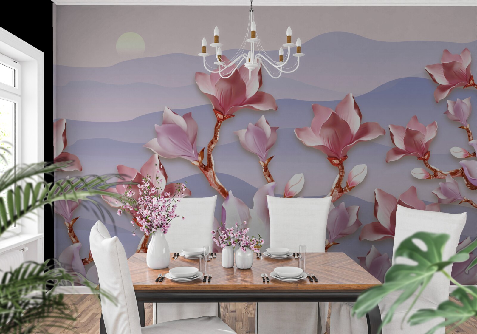 Fototapet muguri de magnolie roz în zorii unei zile muribunde