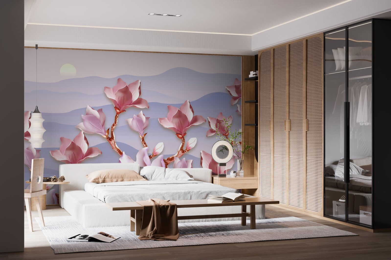 Fototapet muguri de magnolie roz în zorii unei zile muribunde