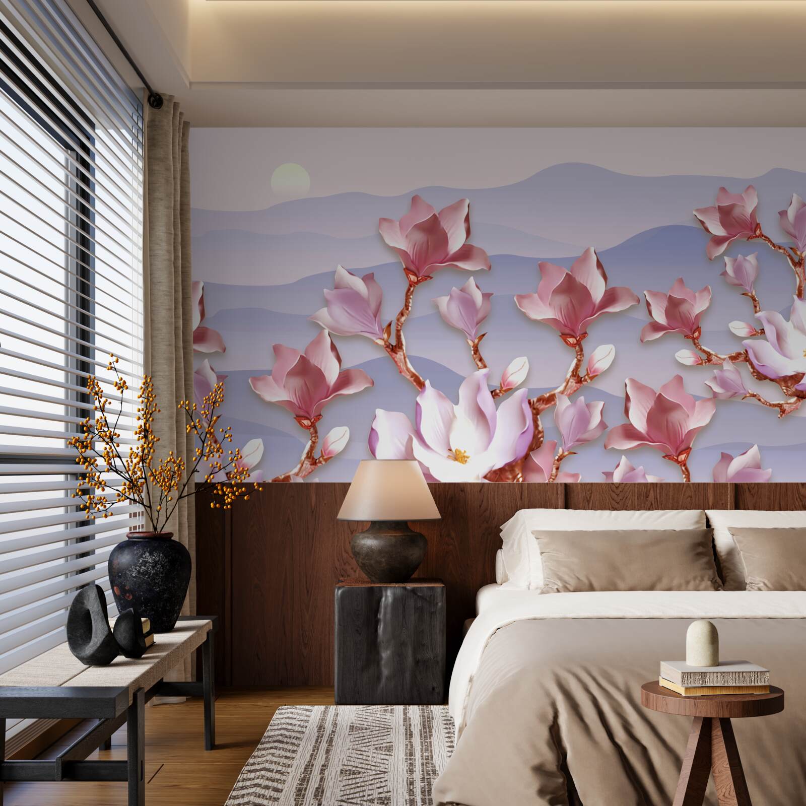 Fototapet muguri de magnolie roz în zorii unei zile muribunde