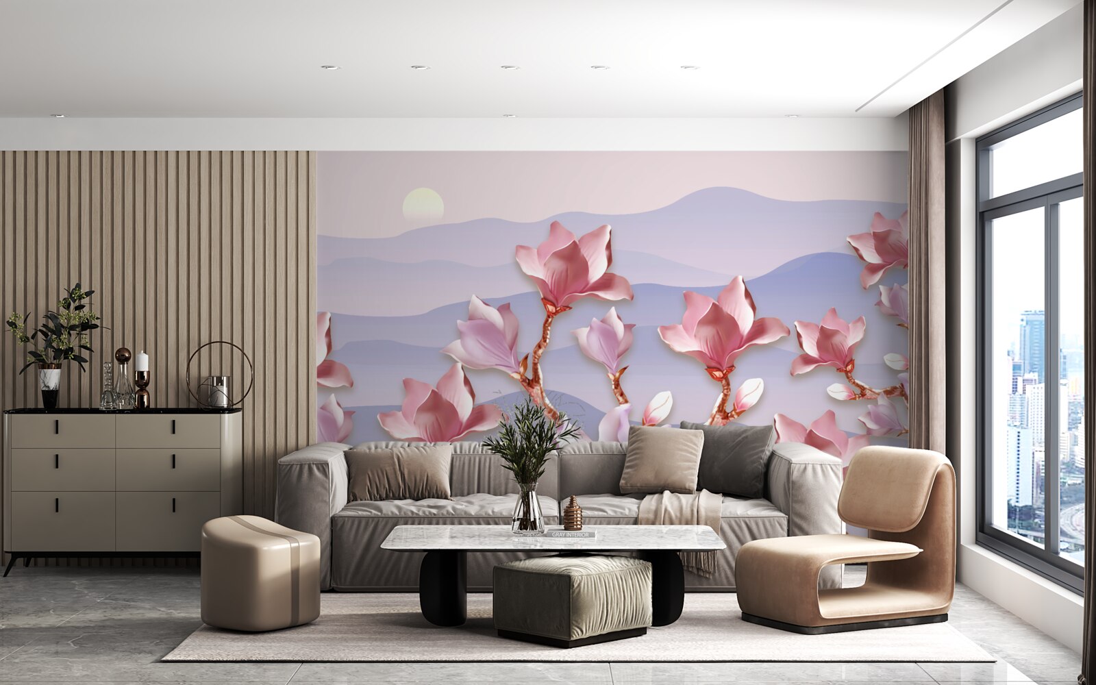 Fototapet muguri de magnolie roz în zorii unei zile muribunde