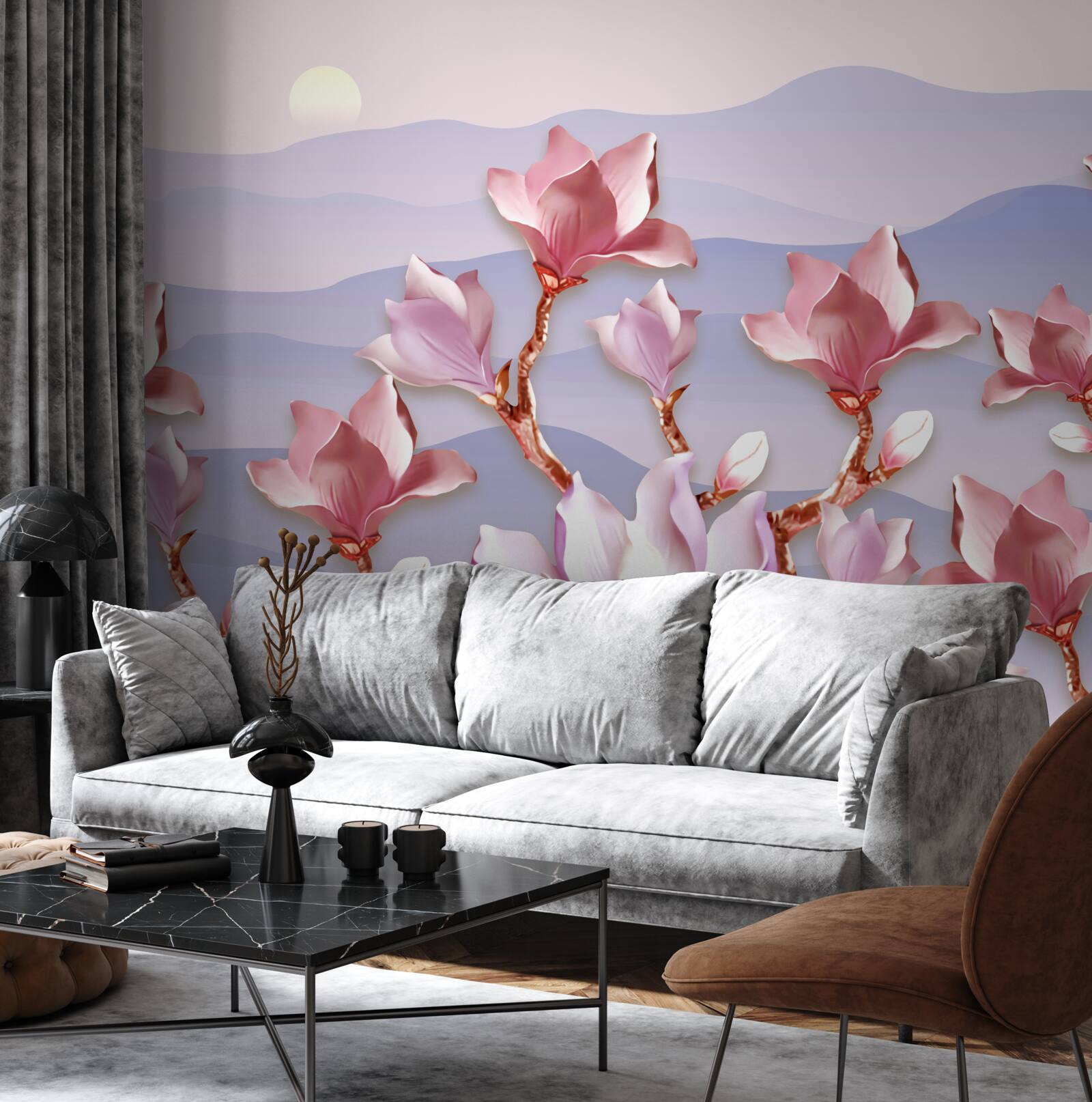 Fototapet muguri de magnolie roz în zorii unei zile muribunde