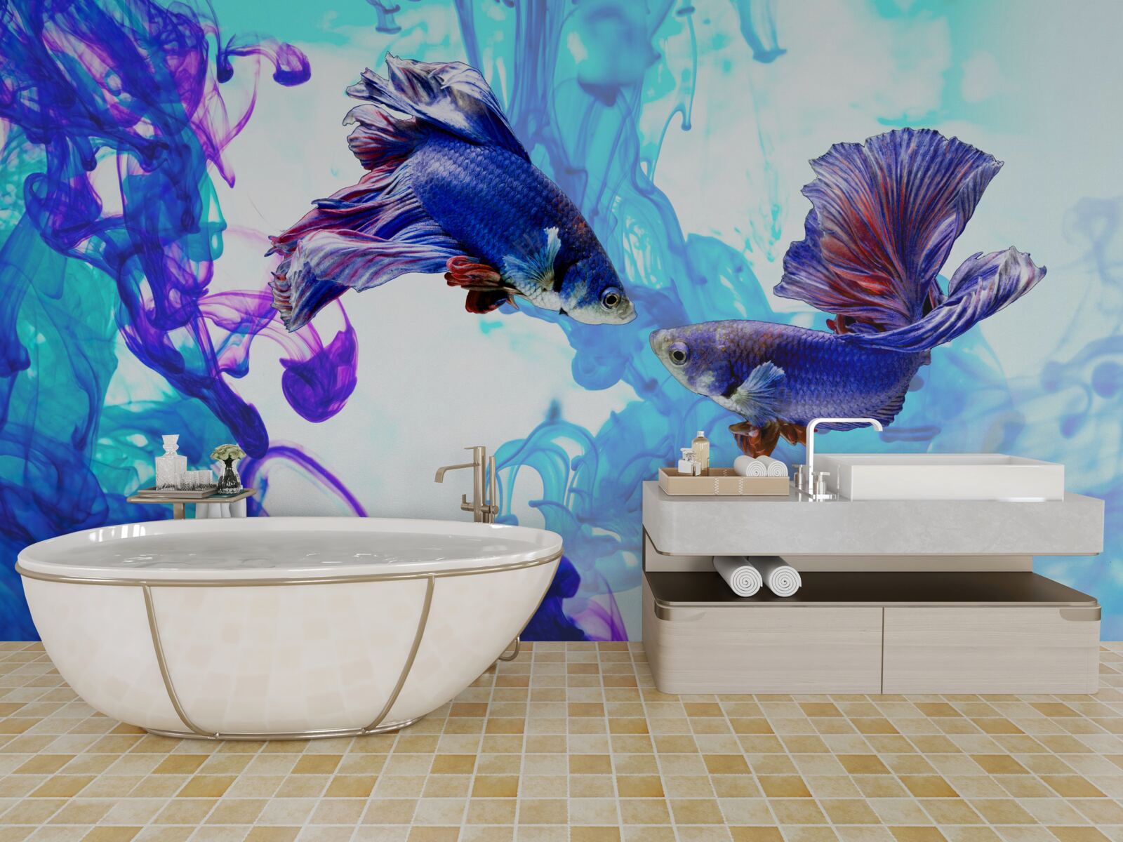 Fototapet locuitorii din apă cu coadă se joacă în elementele umede