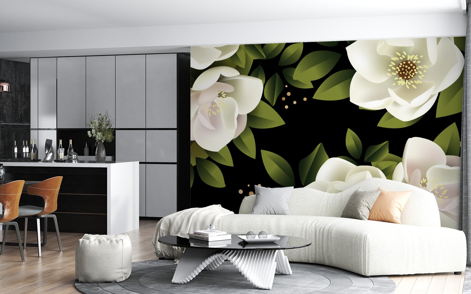 Fototapet fundal negru înconjoară flori albe