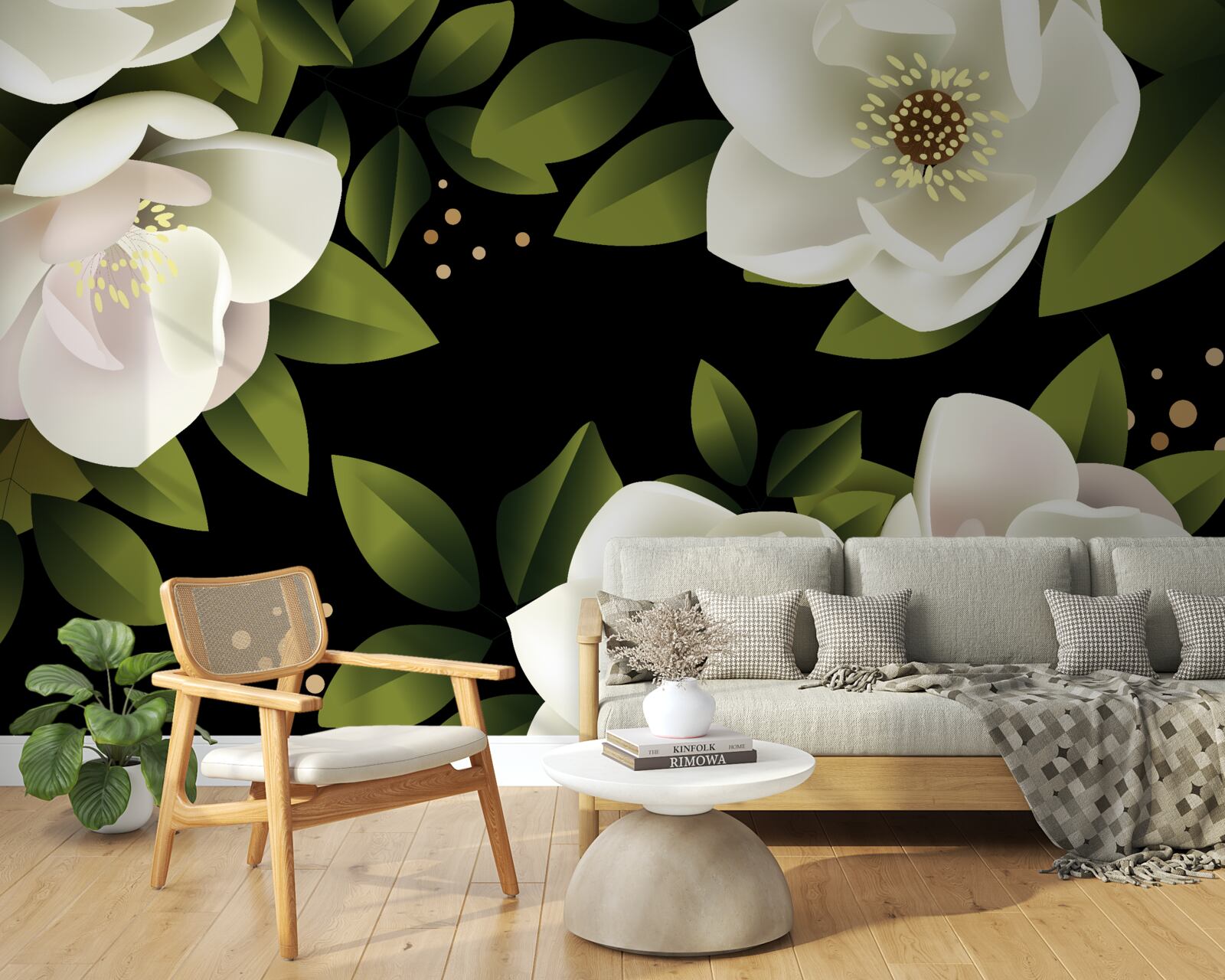 Fototapet fundal negru înconjoară flori albe