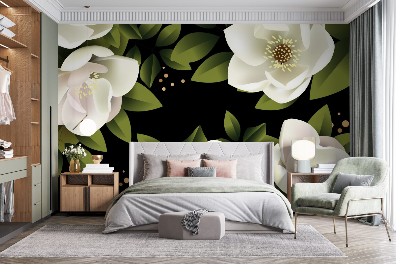 Fototapet fundal negru înconjoară flori albe