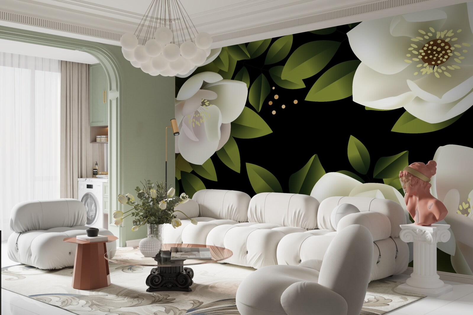 Fototapet fundal negru înconjoară flori albe