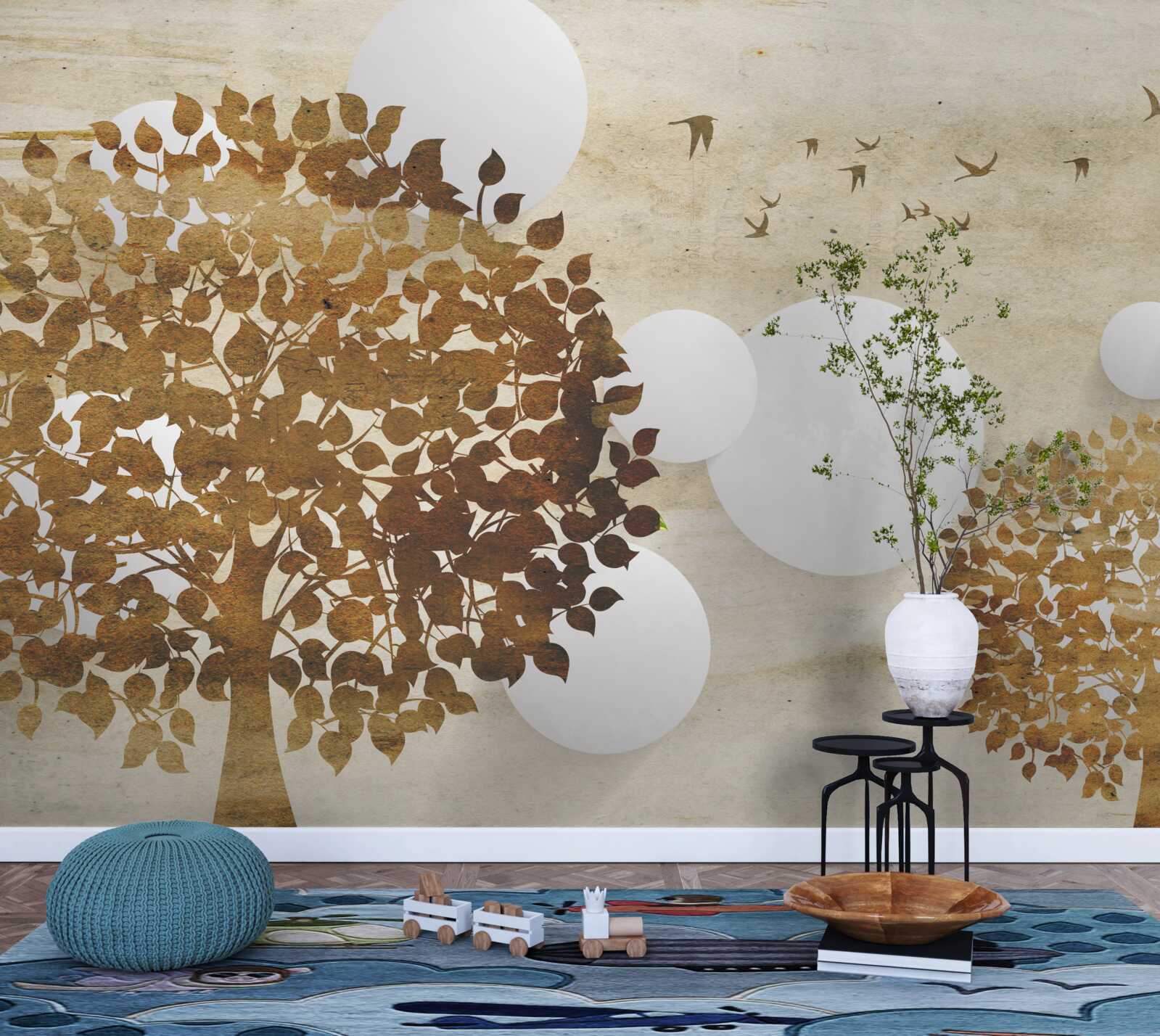 Fototapet cercuri albe și copaci într-un apus de toamnă