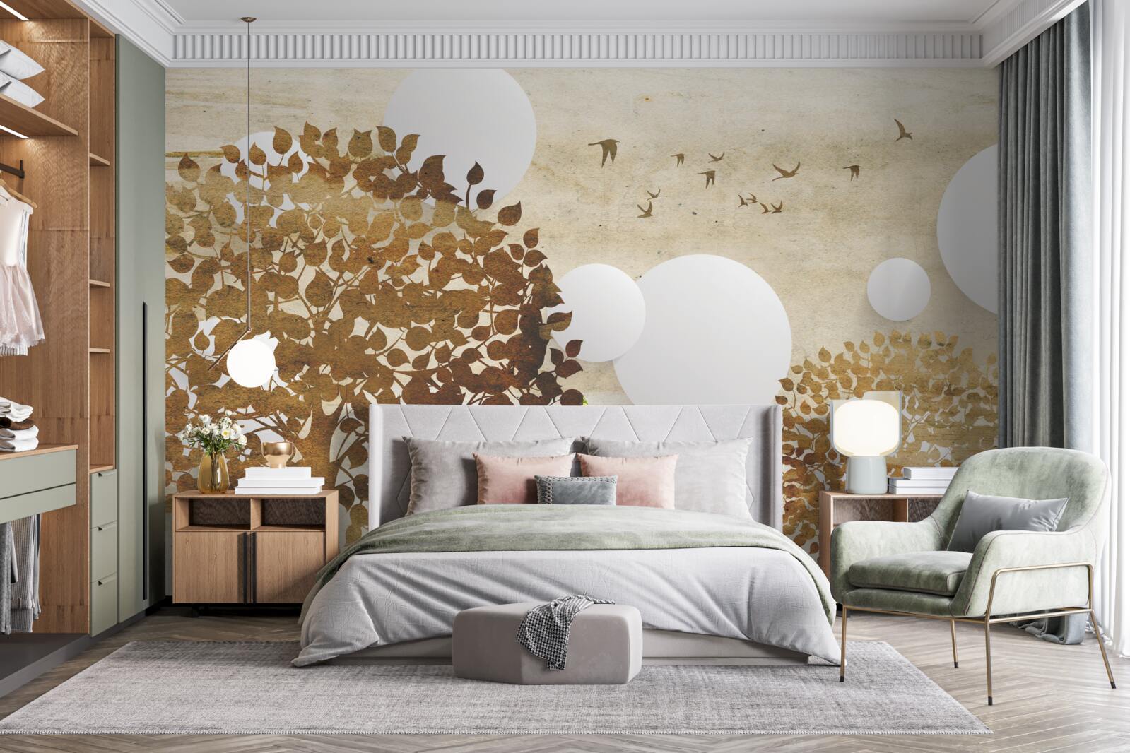 Fototapet cercuri albe și copaci într-un apus de toamnă