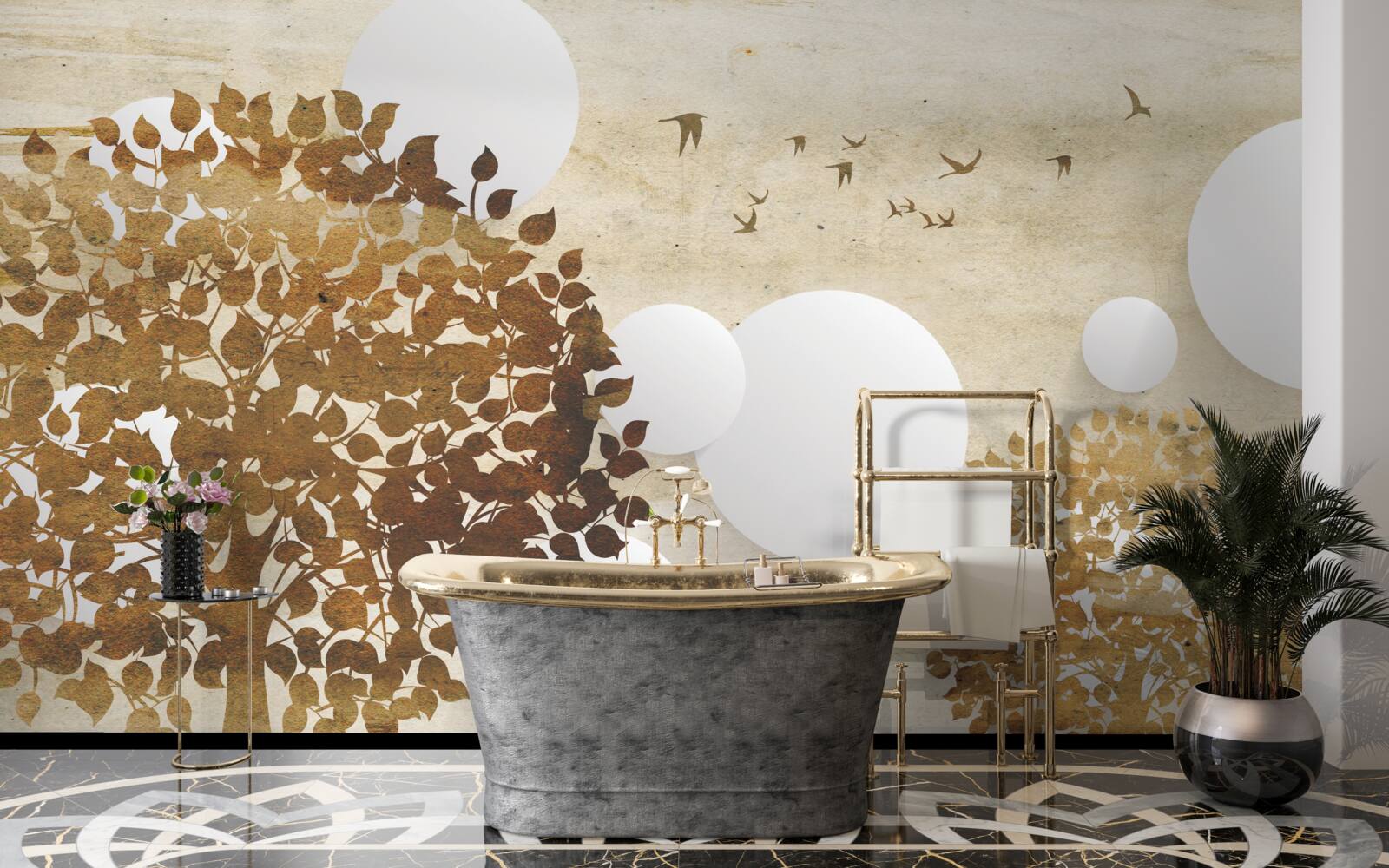 Fototapet cercuri albe și copaci într-un apus de toamnă