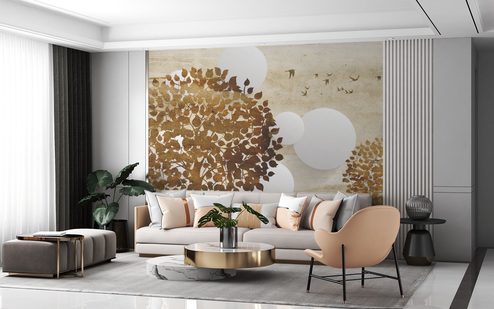 Fototapet cercuri albe și copaci într-un apus de toamnă