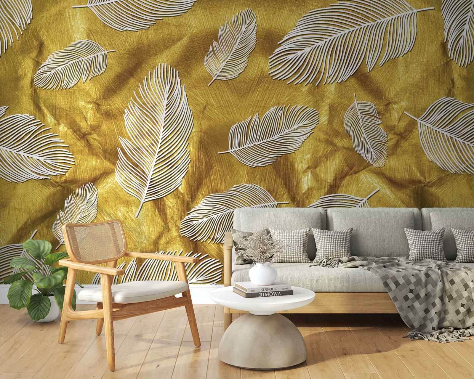 Fototapet pene albe subțiri pe un fundal auriu