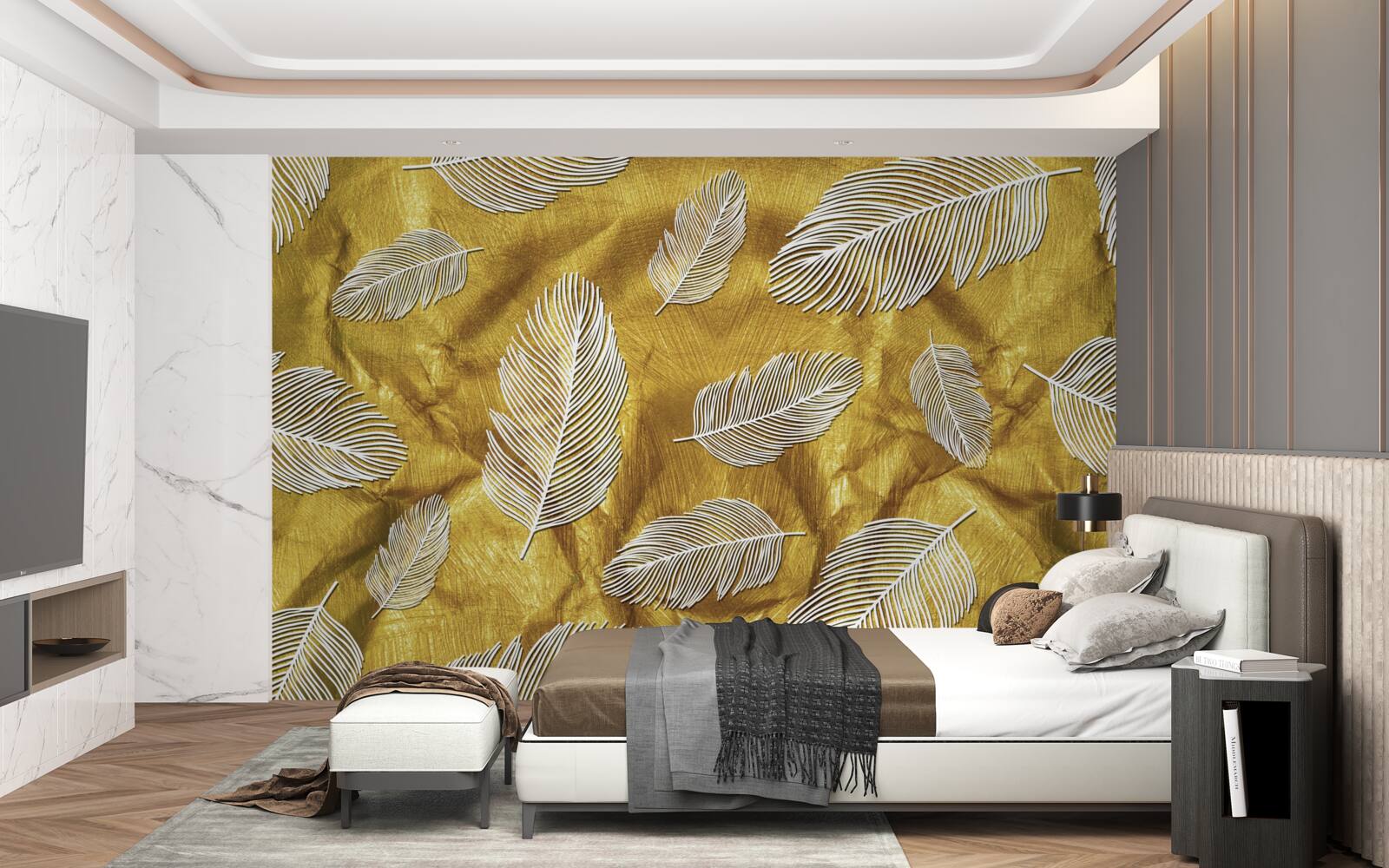 Fototapet pene albe subțiri pe un fundal auriu