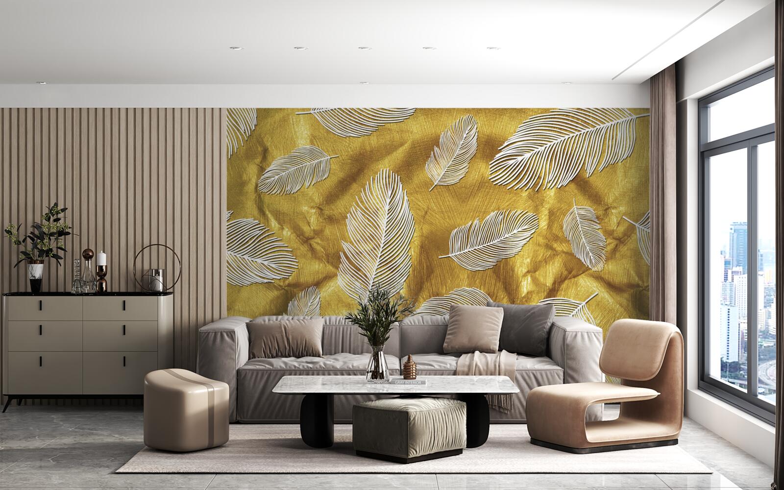 Fototapet pene albe subțiri pe un fundal auriu