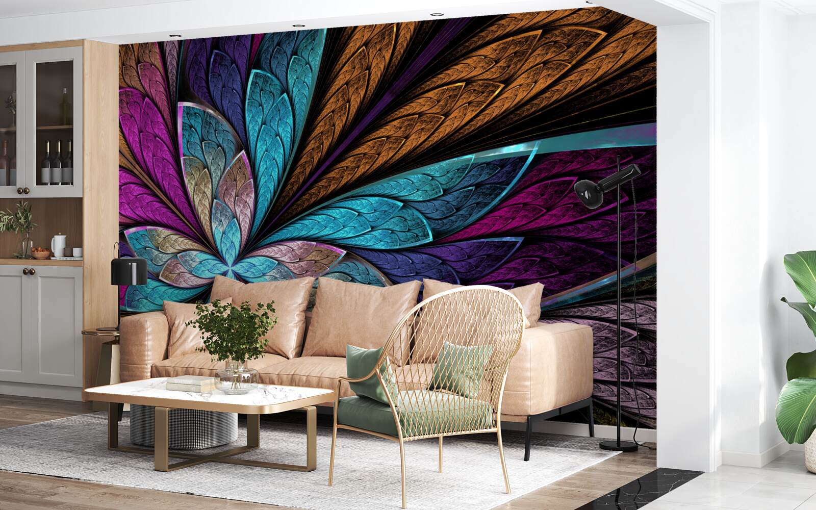 Fototapet mozaic de petale de flori care creează un efect de vitraliu