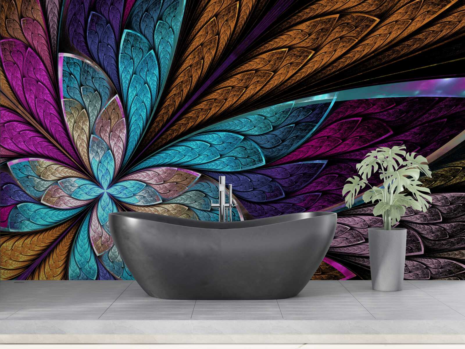 Fototapet mozaic de petale de flori care creează un efect de vitraliu