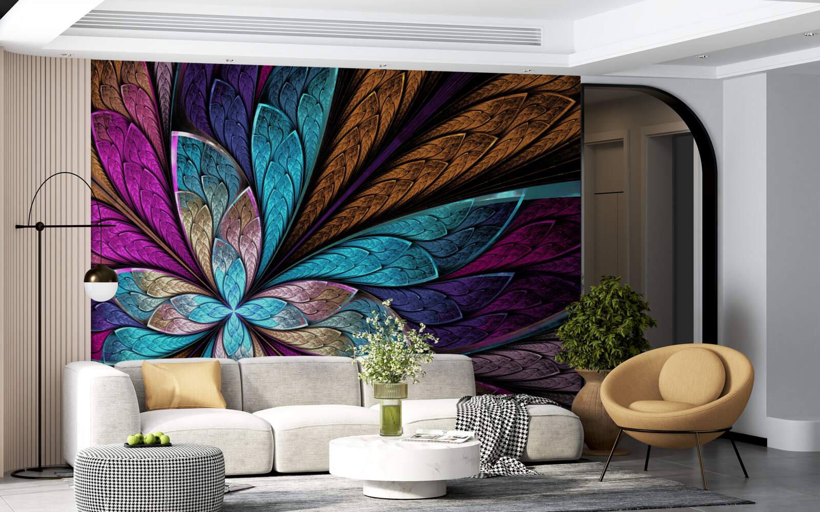 Fototapet mozaic de petale de flori care creează un efect de vitraliu