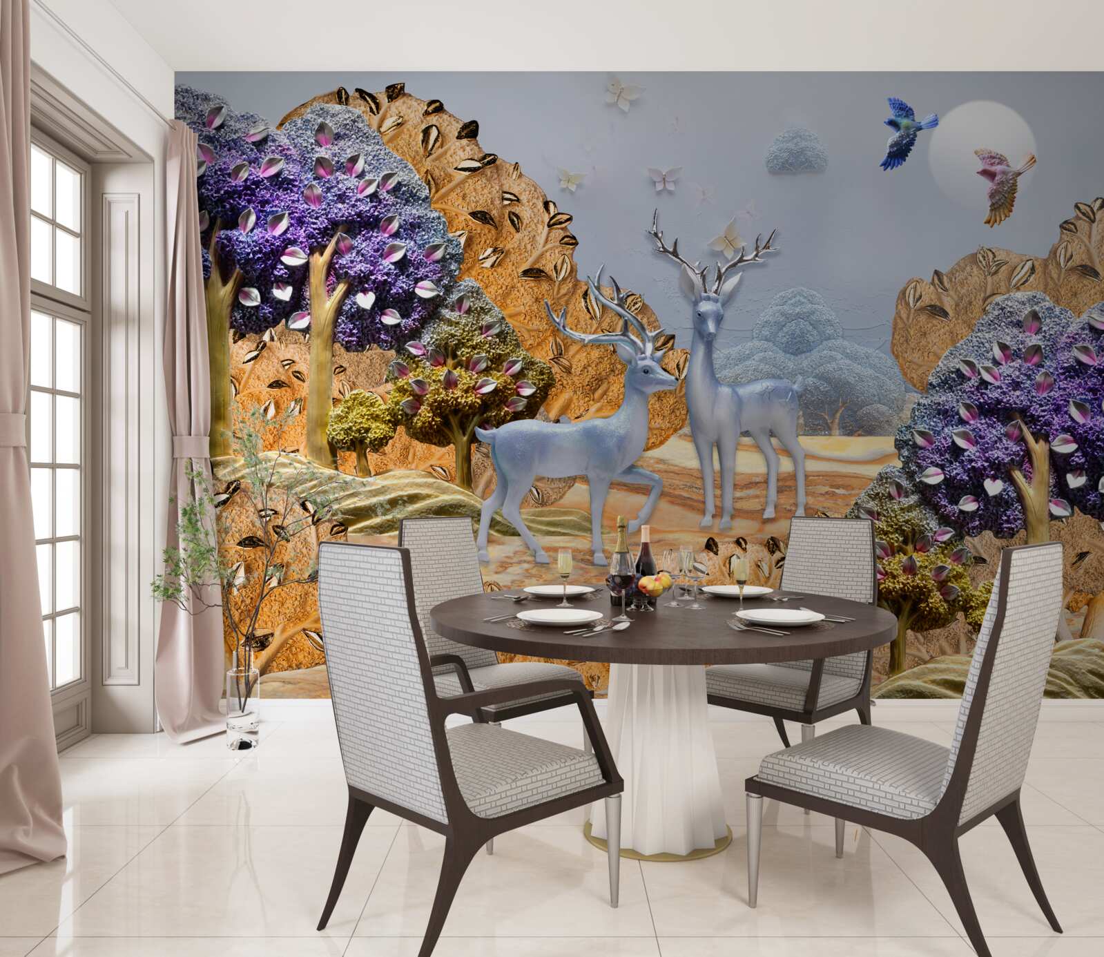 Fototapet pădure de seară în toamnă și două căprioare