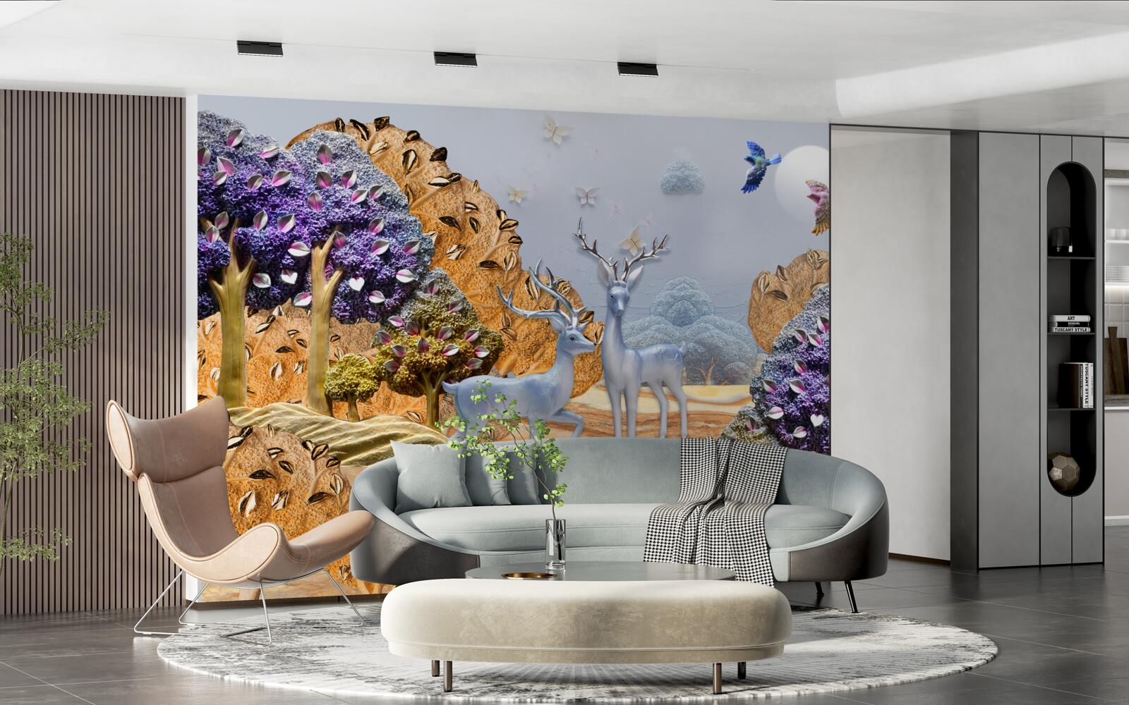 Fototapet pădure de seară în toamnă și două căprioare