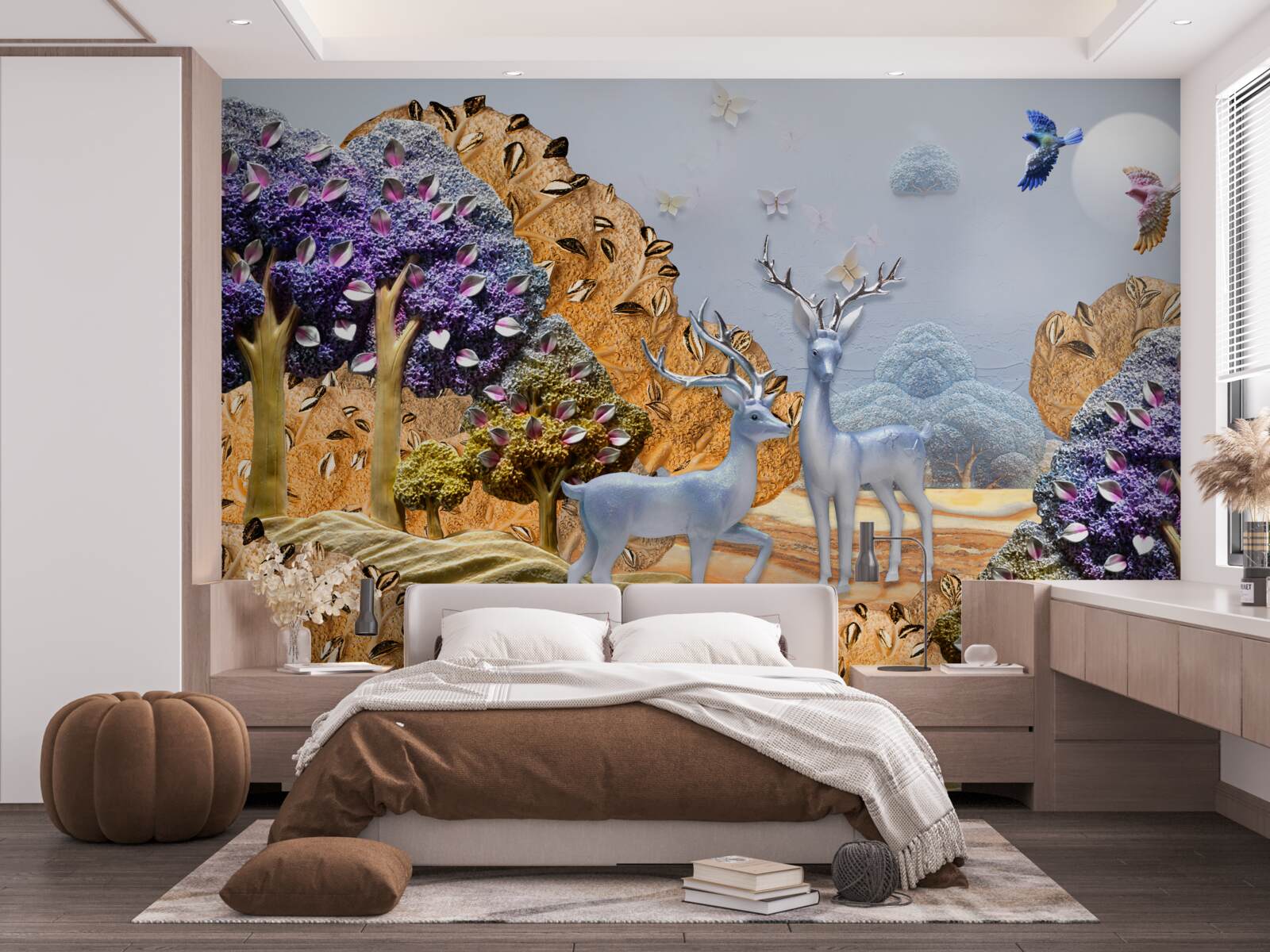 Fototapet pădure de seară în toamnă și două căprioare