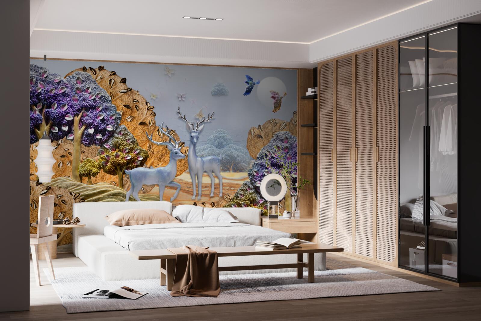 Fototapet pădure de seară în toamnă și două căprioare