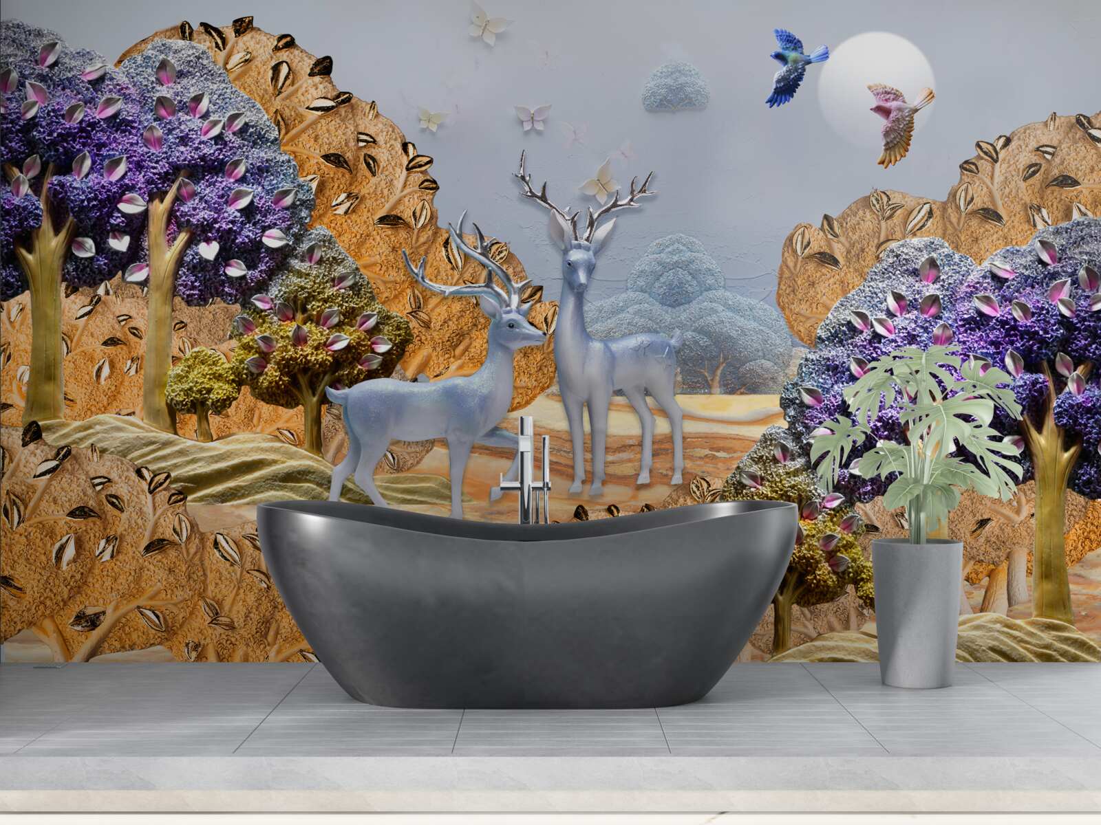 Fototapet pădure de seară în toamnă și două căprioare