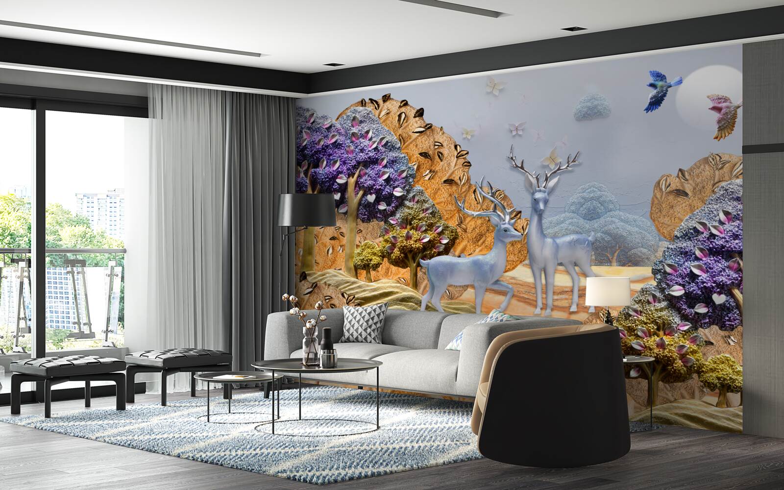 Fototapet pădure de seară în toamnă și două căprioare