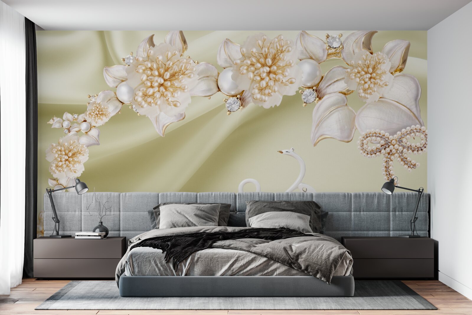 Fototapet mugurii decorați cu aur și perle înfloresc