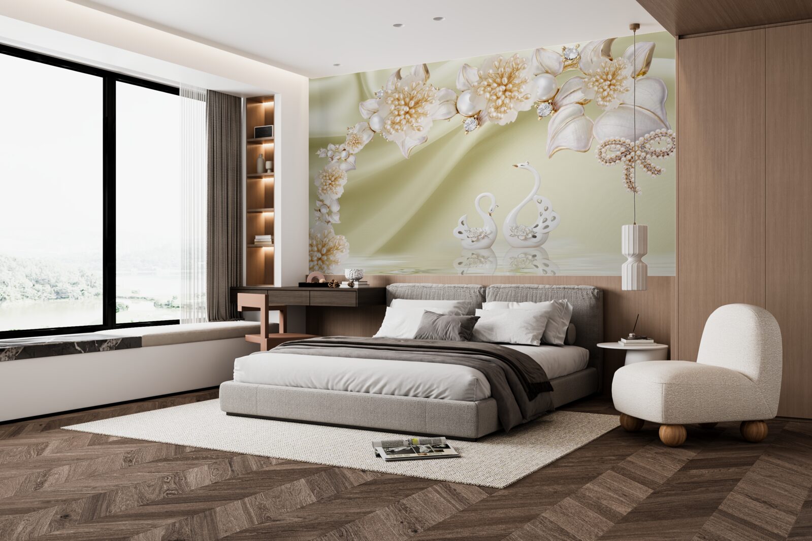 Fototapet mugurii decorați cu aur și perle înfloresc