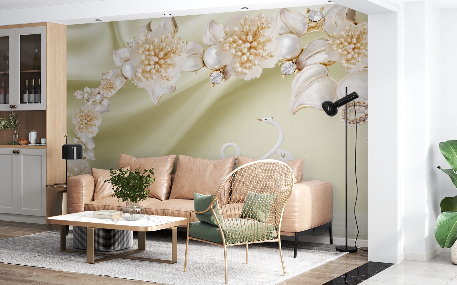 Fototapet mugurii decorați cu aur și perle înfloresc