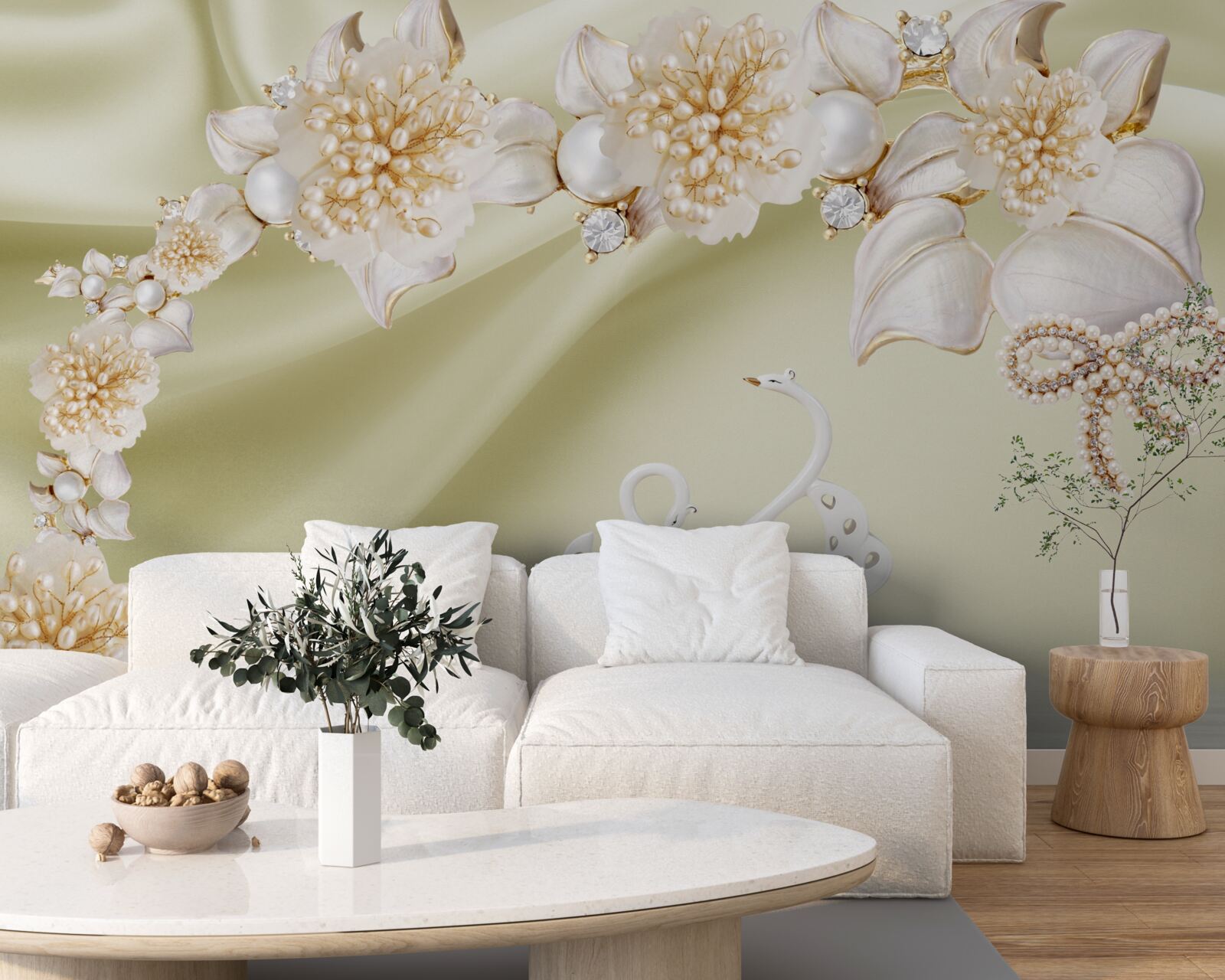 Fototapet mugurii decorați cu aur și perle înfloresc