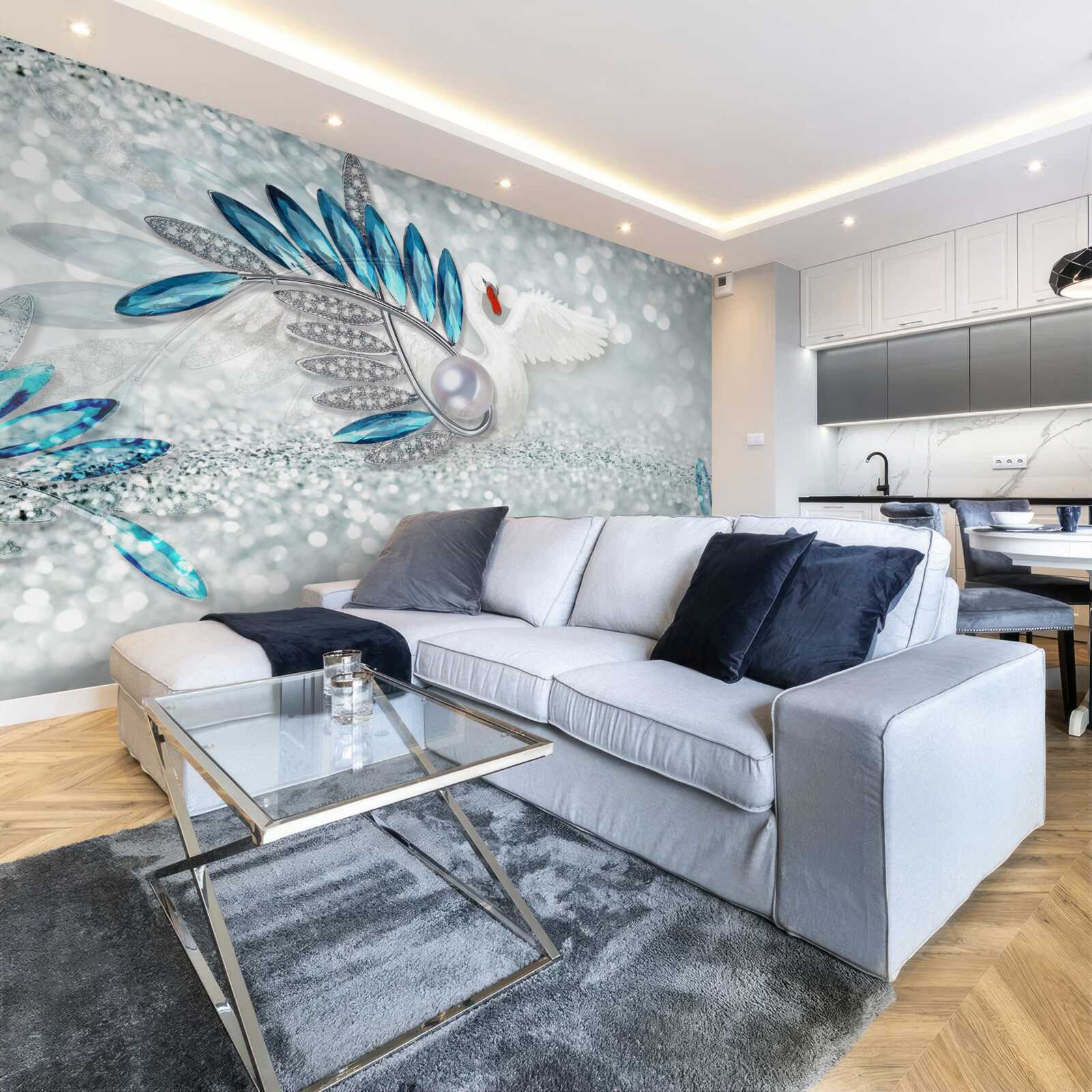 Fototapet bijuterii cu lebădă albă și nucă de perle