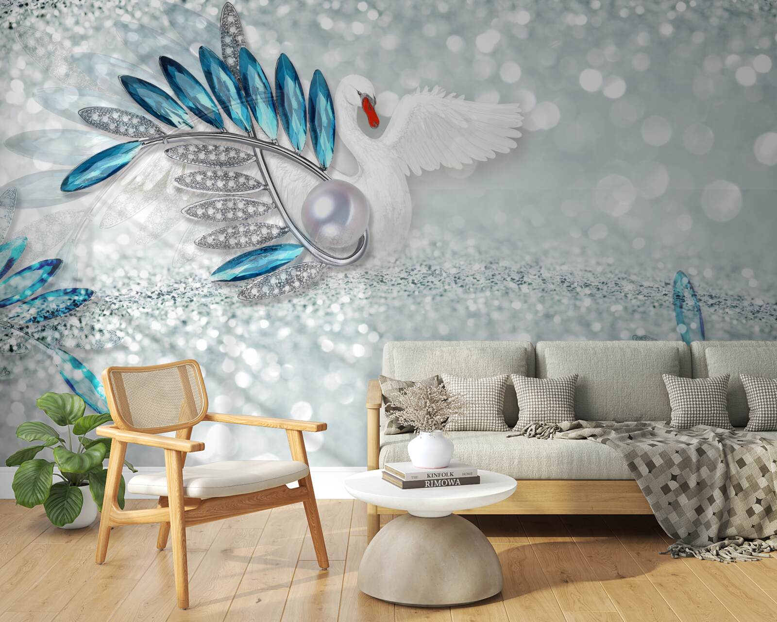 Fototapet bijuterii cu lebădă albă și nucă de perle