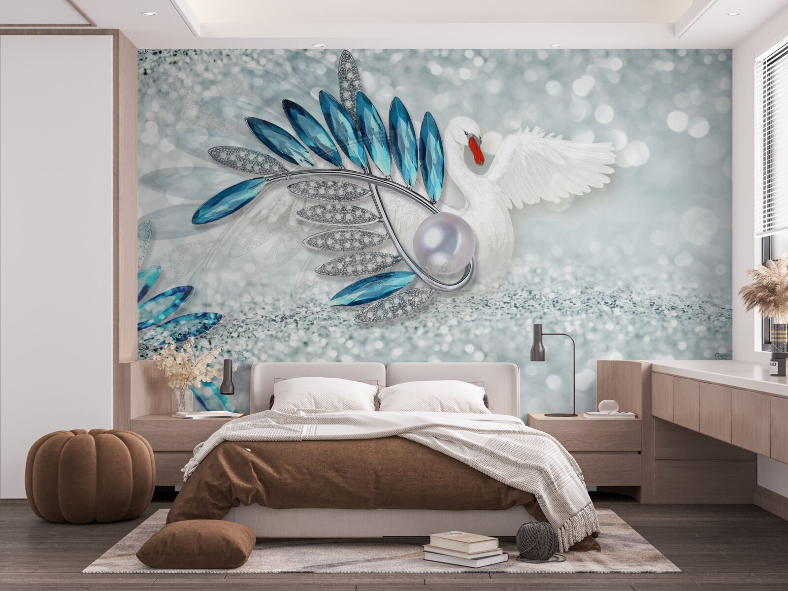 Fototapet bijuterii cu lebădă albă și nucă de perle