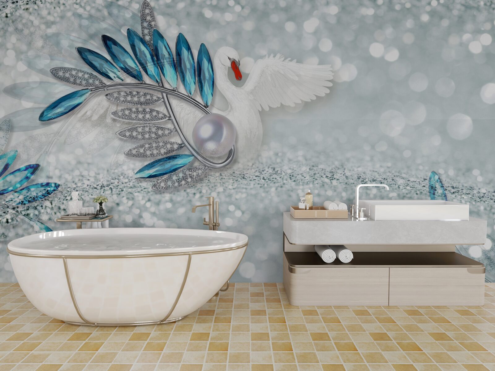 Fototapet bijuterii cu lebădă albă și nucă de perle