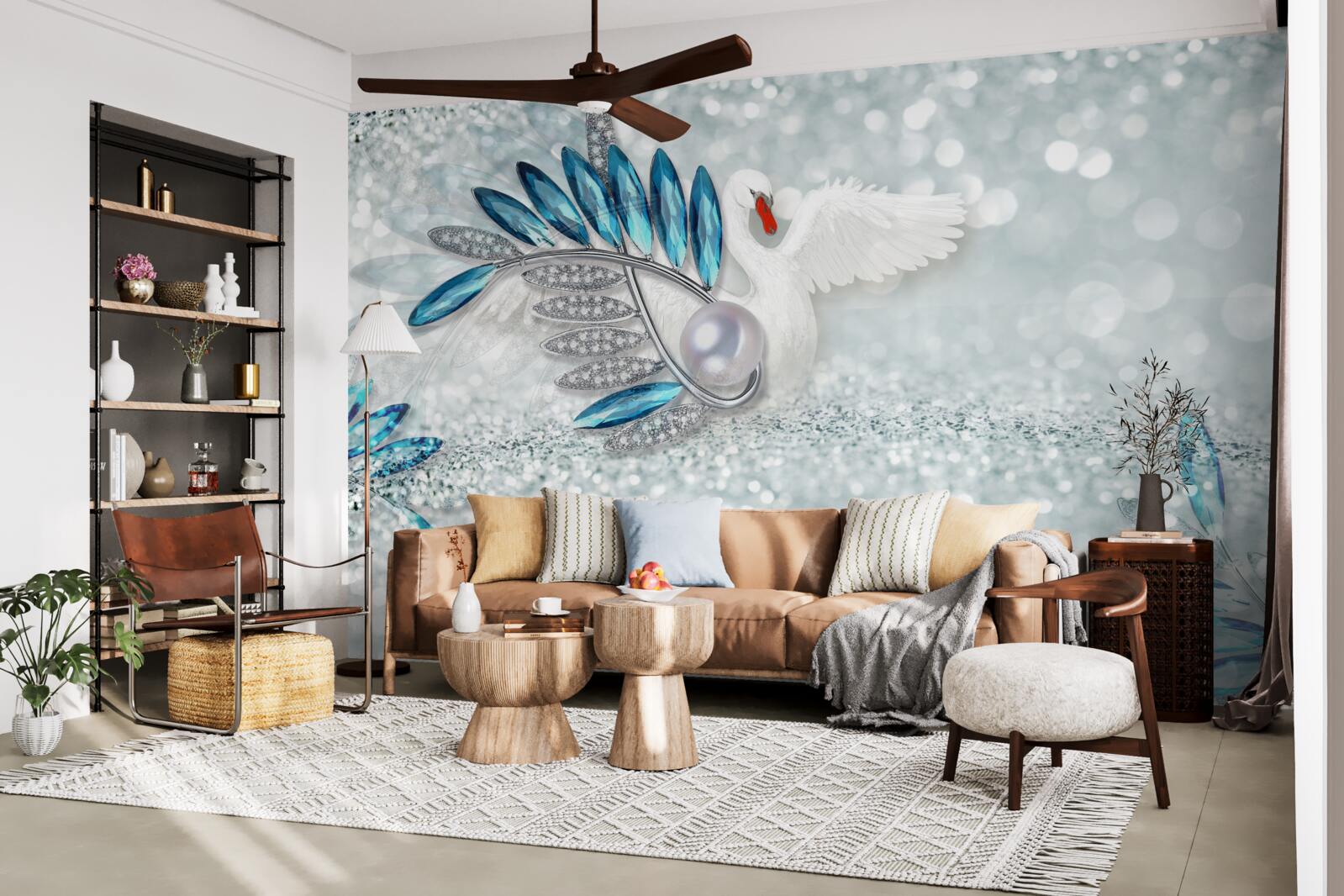 Fototapet bijuterii cu lebădă albă și nucă de perle