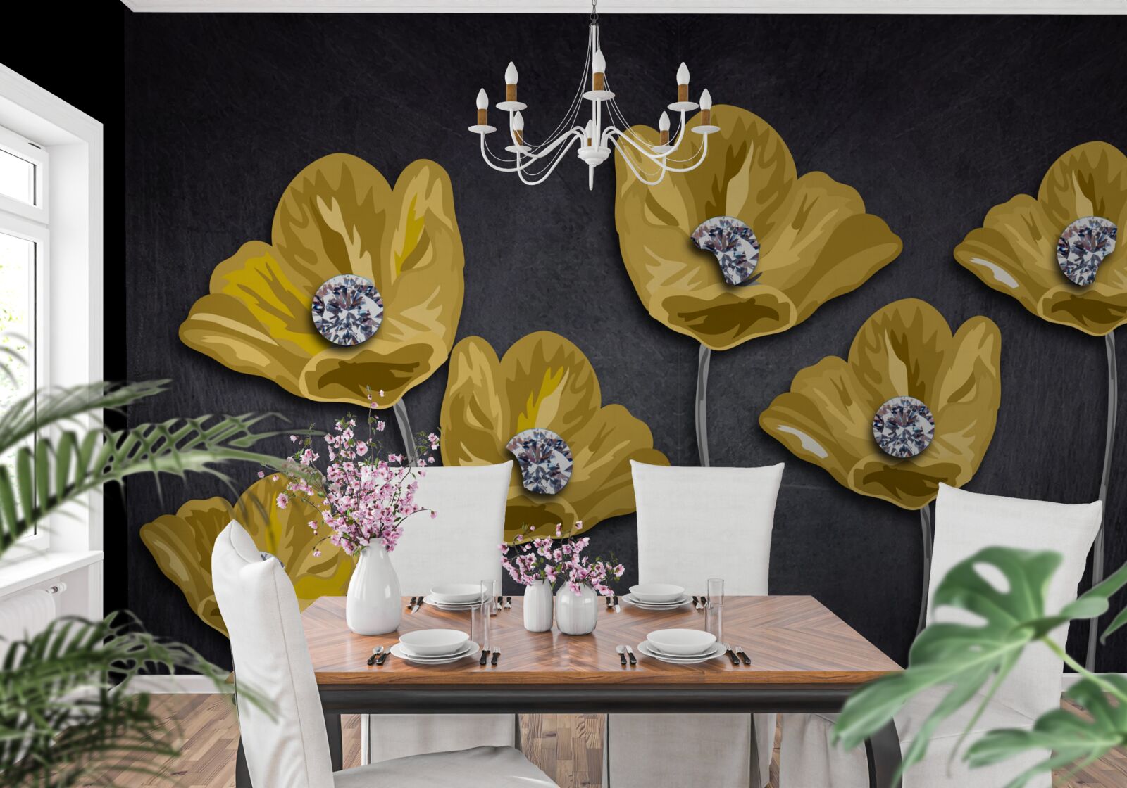 Fototapet Lalele galbene pe un fundal gri