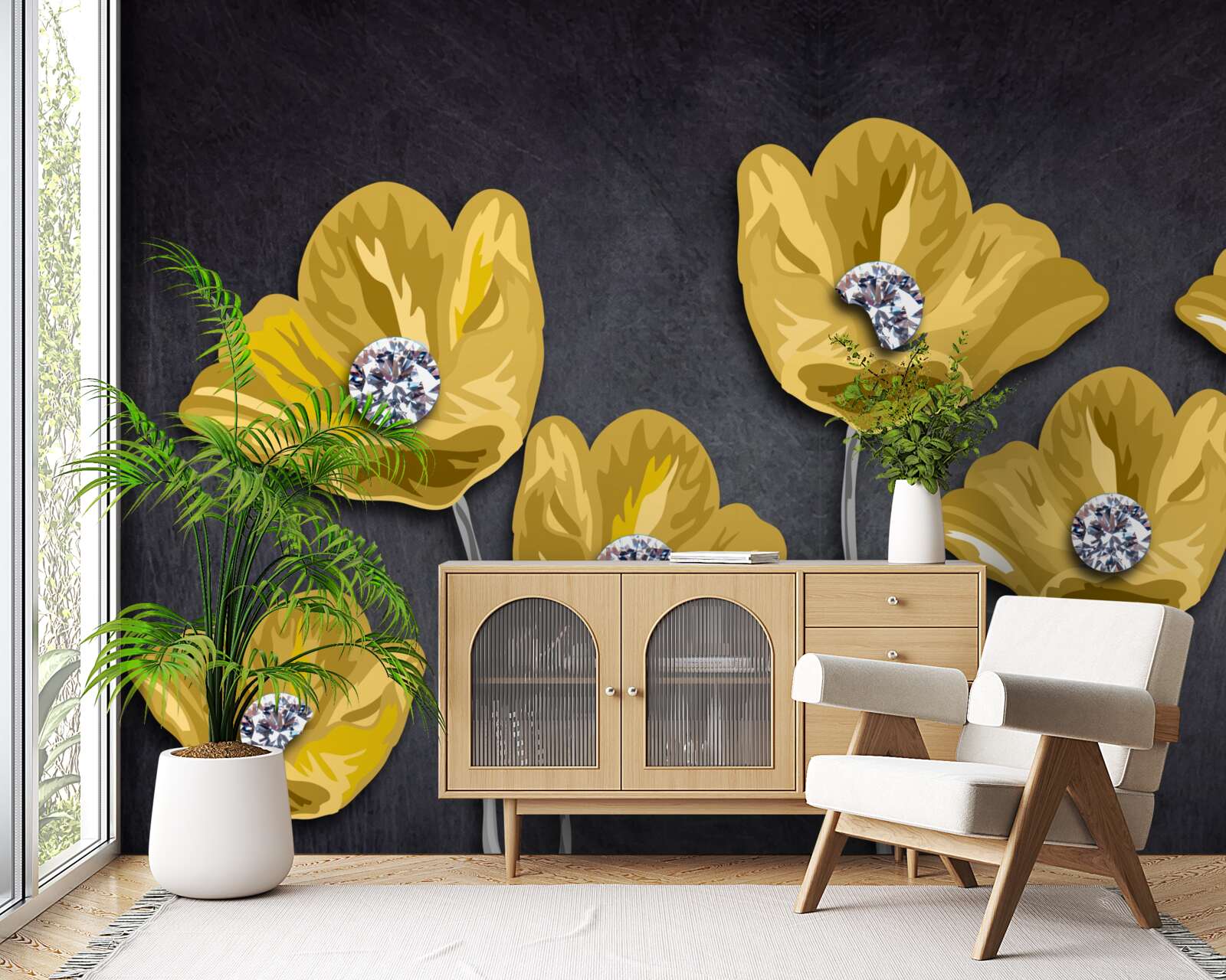 Fototapet Lalele galbene pe un fundal gri