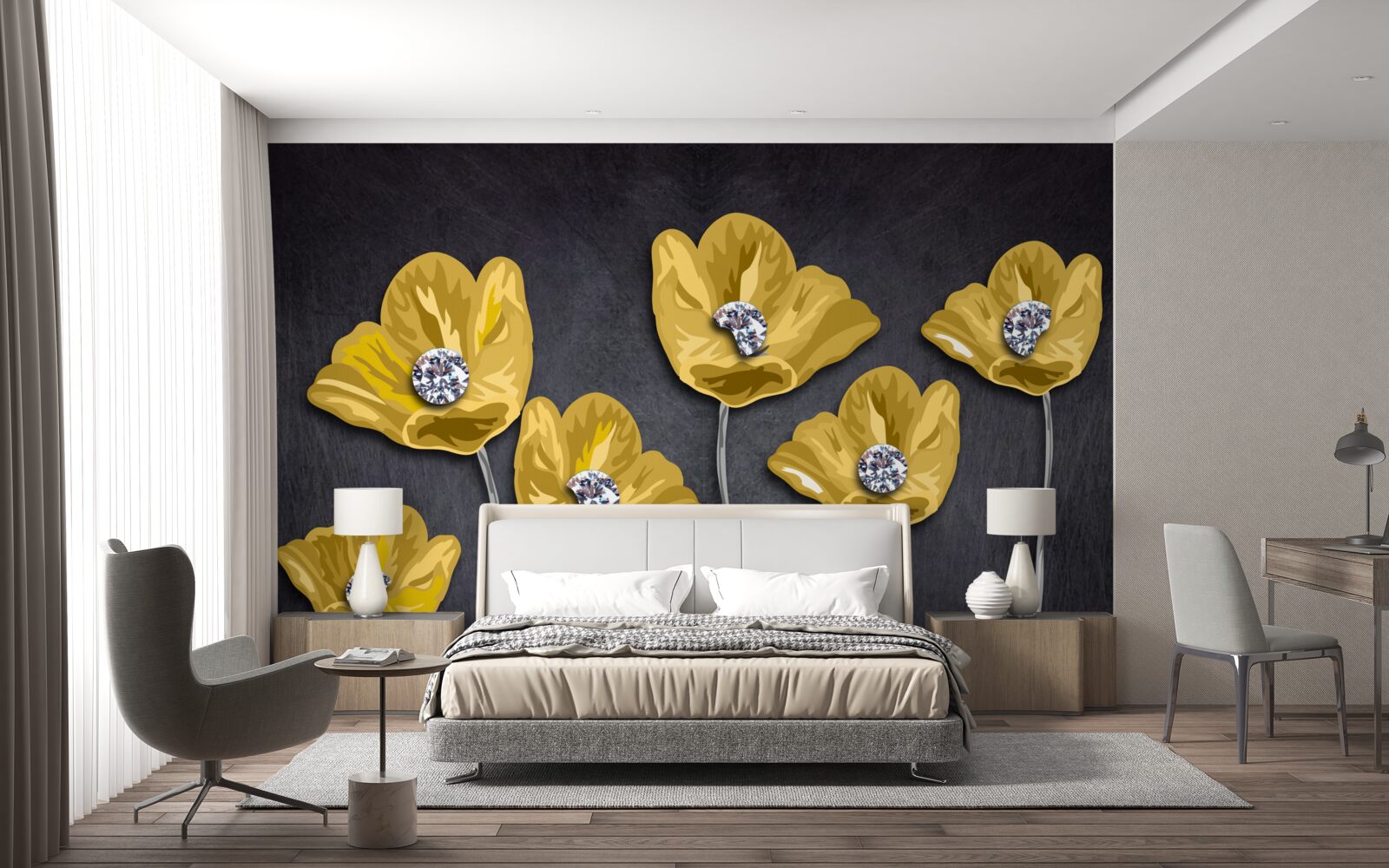 Fototapet Lalele galbene pe un fundal gri