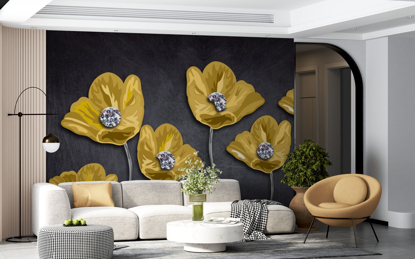 Fototapet Lalele galbene pe un fundal gri